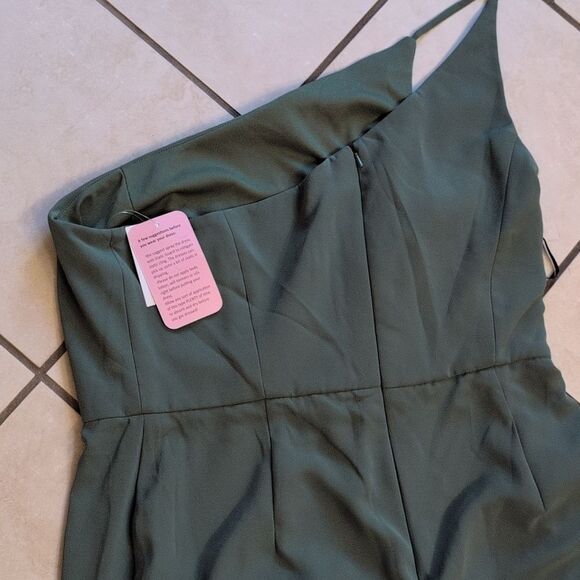 NWT After Six Skinny One-Shoulder Trumpet Gown Front Slit Vineyard Green Size 16 - Picture 13 of 15